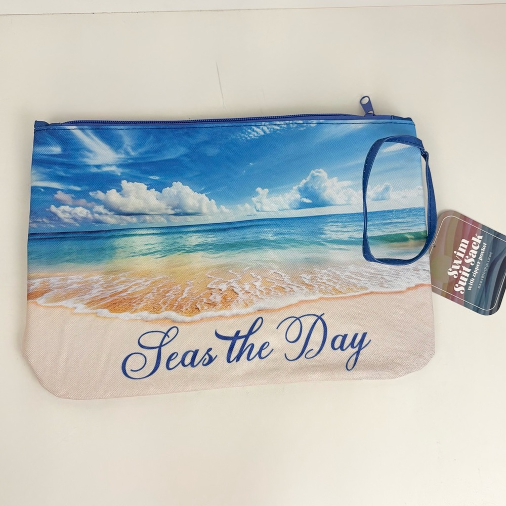 Ocean Print Seas The Day Swim Suit Sack Touchscreen Dry & Wet Wristlet Pouch NWT